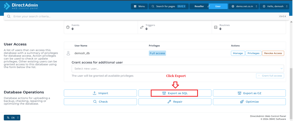 Export database through PHPMyAdmin