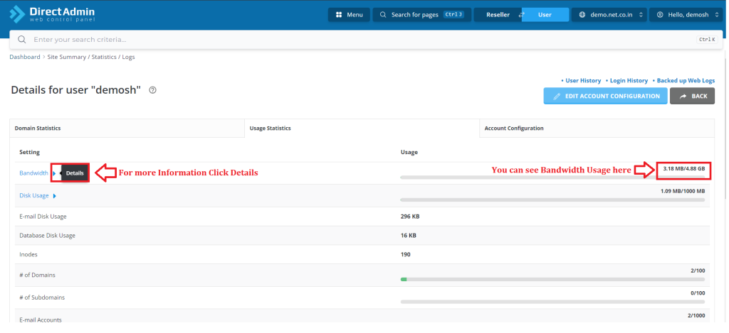 3. You can see Bandwidth Usage here & For more information Click Details