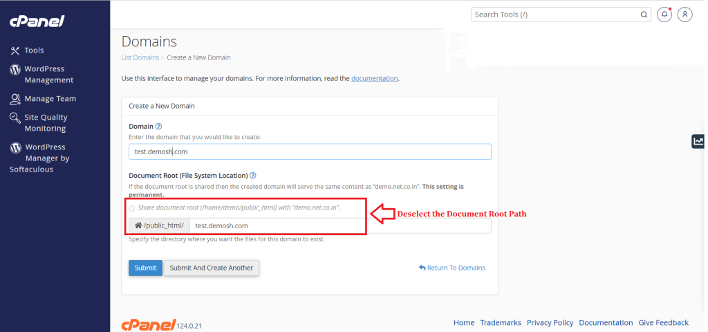 4. Deselect the Document Root Path