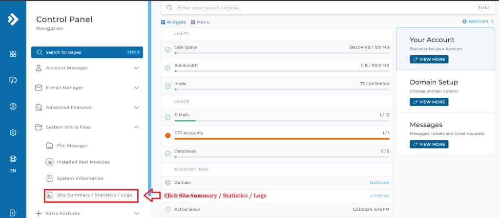 1. Click Site Summary ,Statistics , Logs