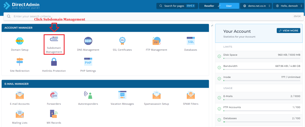 1. Click Subdomain Management