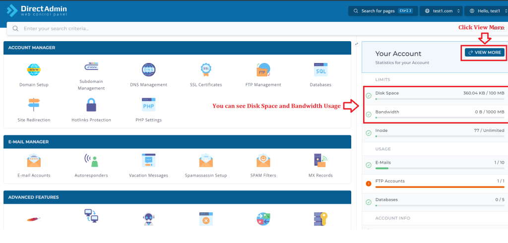 1. You can View Disk Space and Bandwidth Usage or Click View More