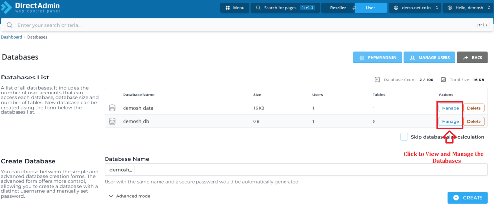 2. Click to view and Manage Database