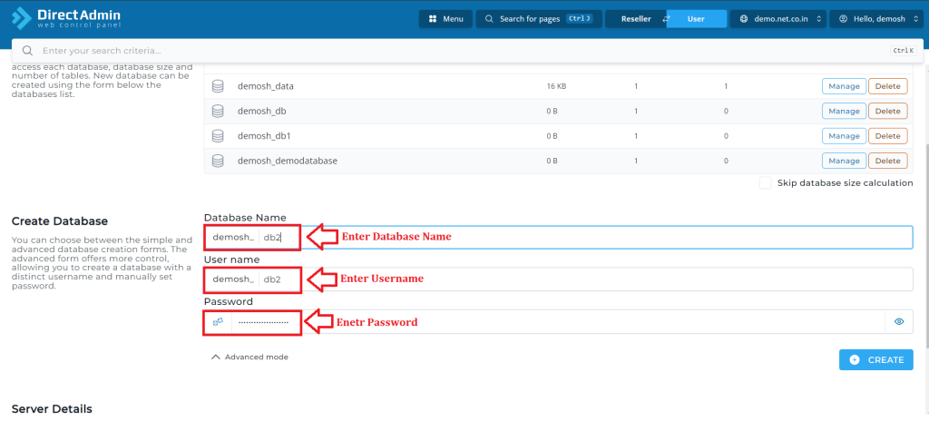 2. Enter Database Name, Username and Password