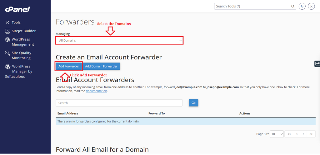 2. Select the Domain and Click Add Forwarder