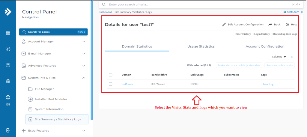 2. Select the Visits, Stats and Logs which you want to view