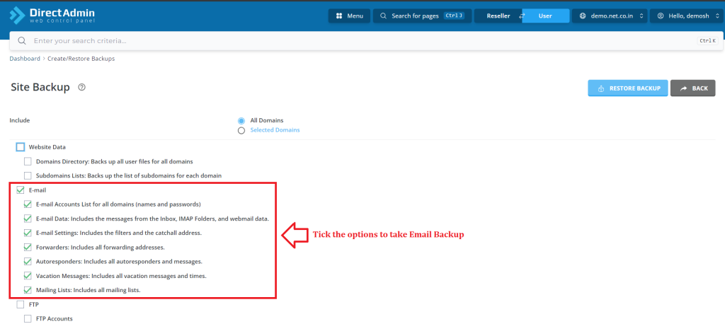2. Tick the options to take Email Backup