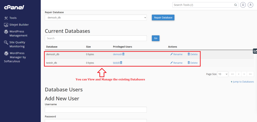 2. You can View and Manage the existing Databases