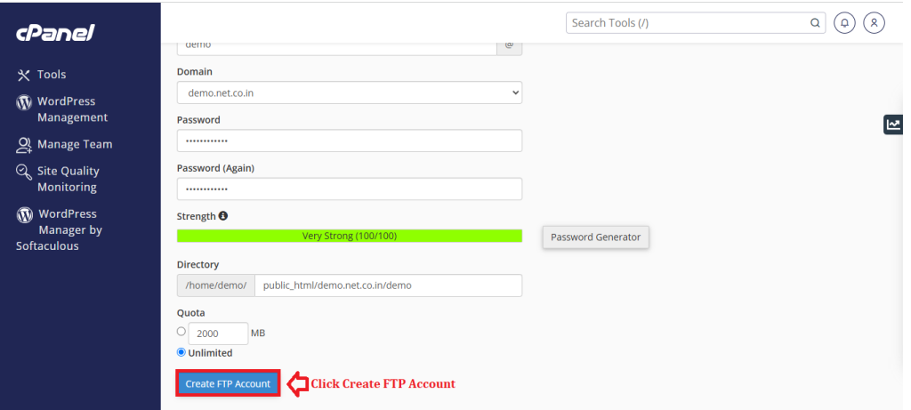 3. Click Create FTP