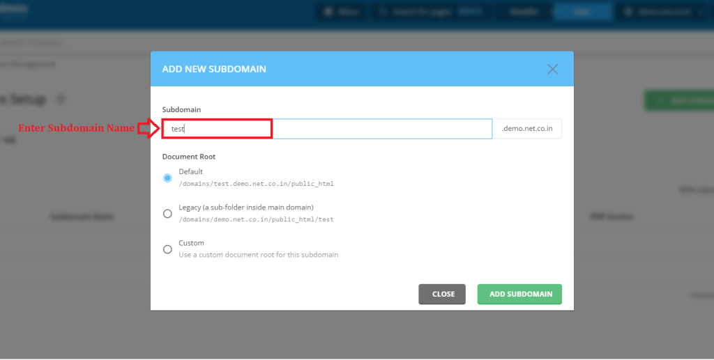 3. Enter Subdomain Name