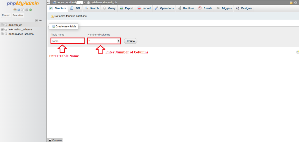 3. Enter Table Name & No. of Column