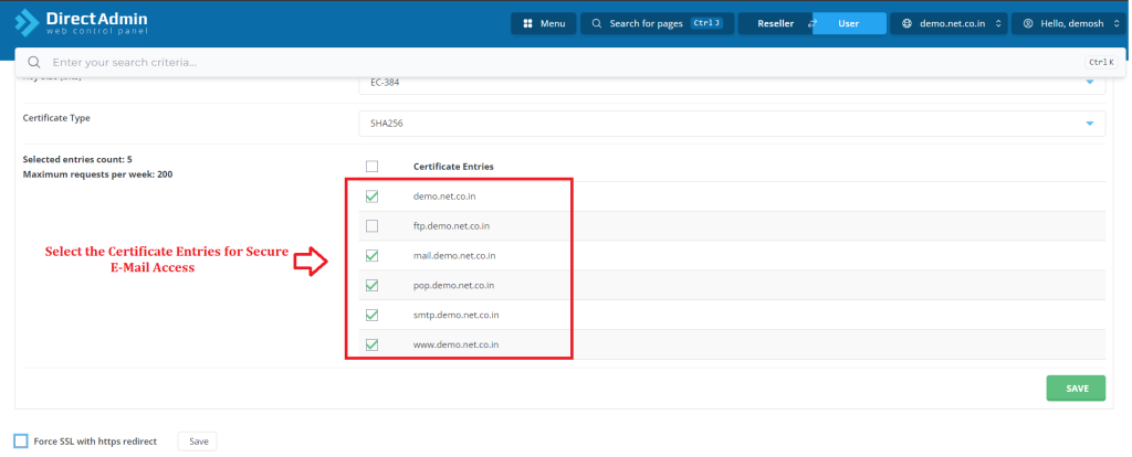 3. Select the Certificate Entries for Secure E-Mail Access.