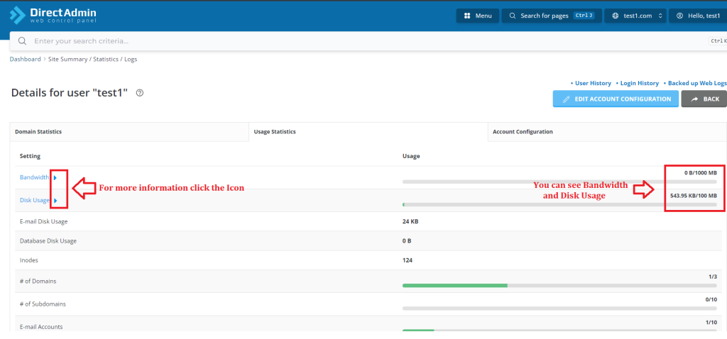 3. You can see Bandwidth & Disk space and More information click the icon