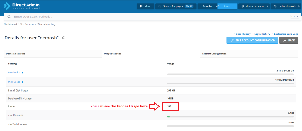 3. You can see the Inode Usage here