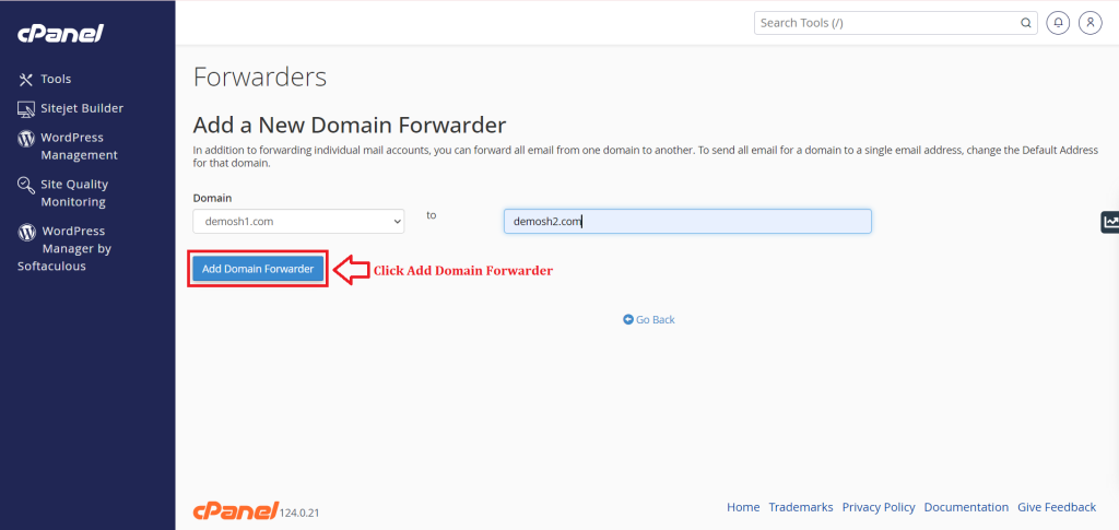 4. Click Add Domain Forwarder