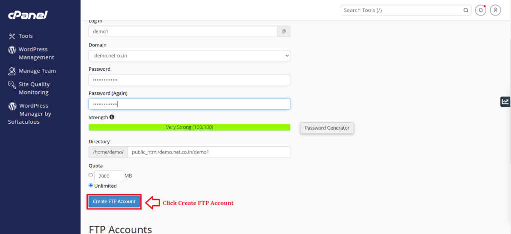 4. Click Create FTP Account