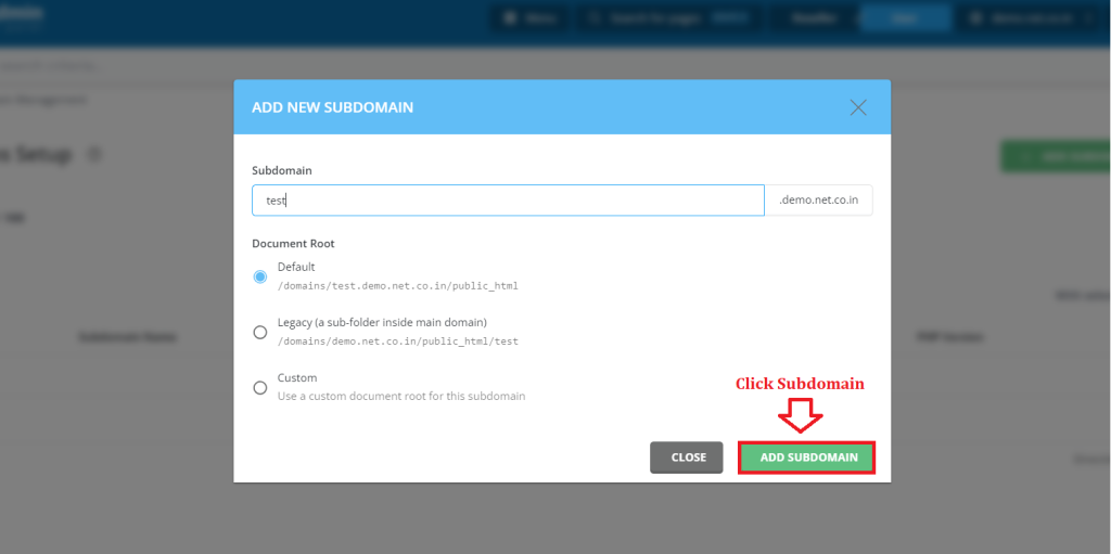 4. Click Add Subdomain