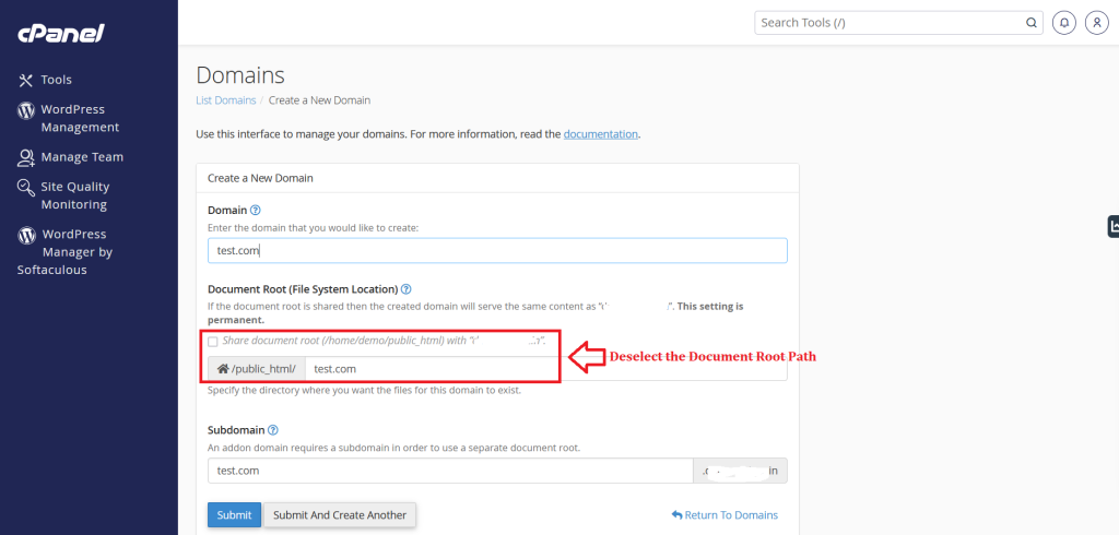 4. Deselect the Document Root Path