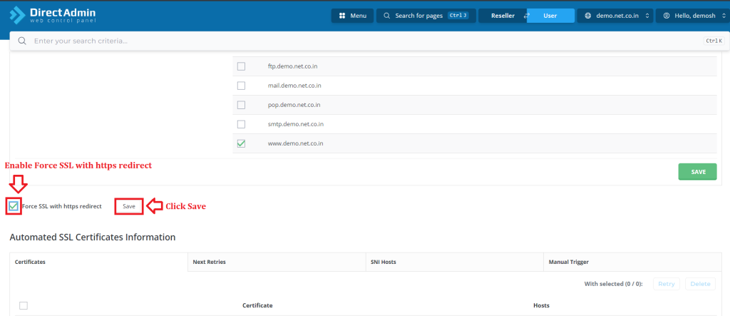 4. Enable Force SSL with https redirect & Click Save