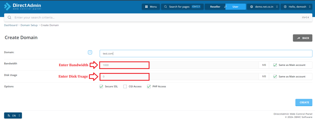 4. Enter Bandwidth and Disk Usage