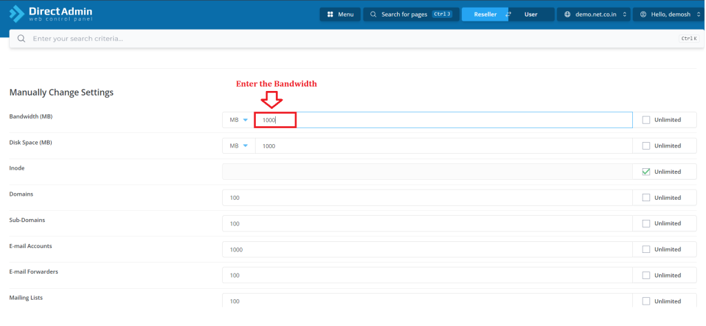 4. Enter the Bandwidth