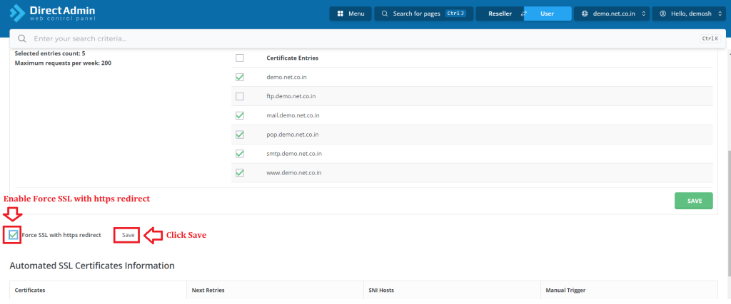 4. Force SSL with https redirect & Click Save