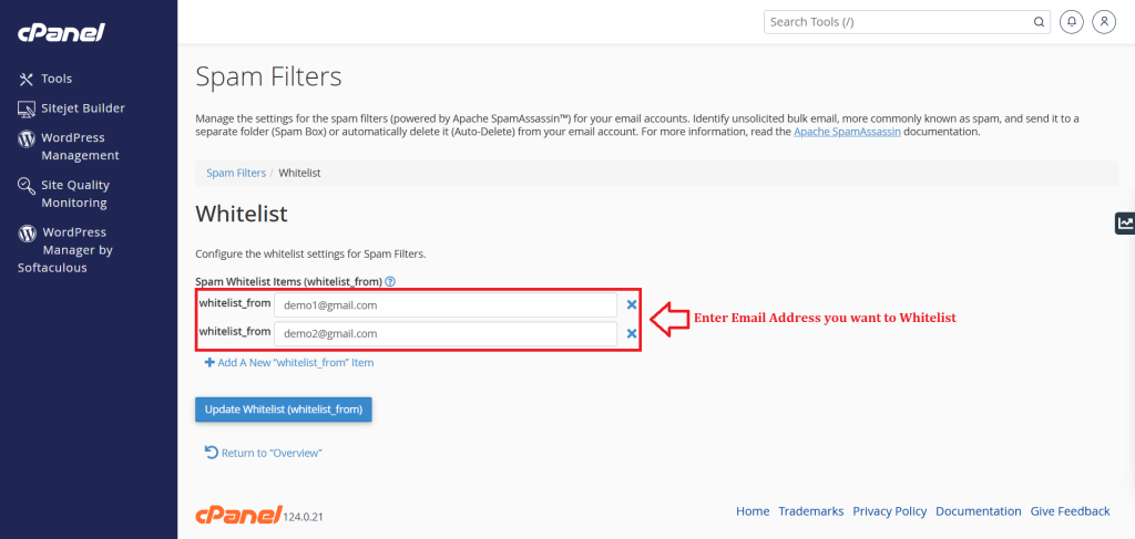 5. Enter Email Address you want to Whitelist