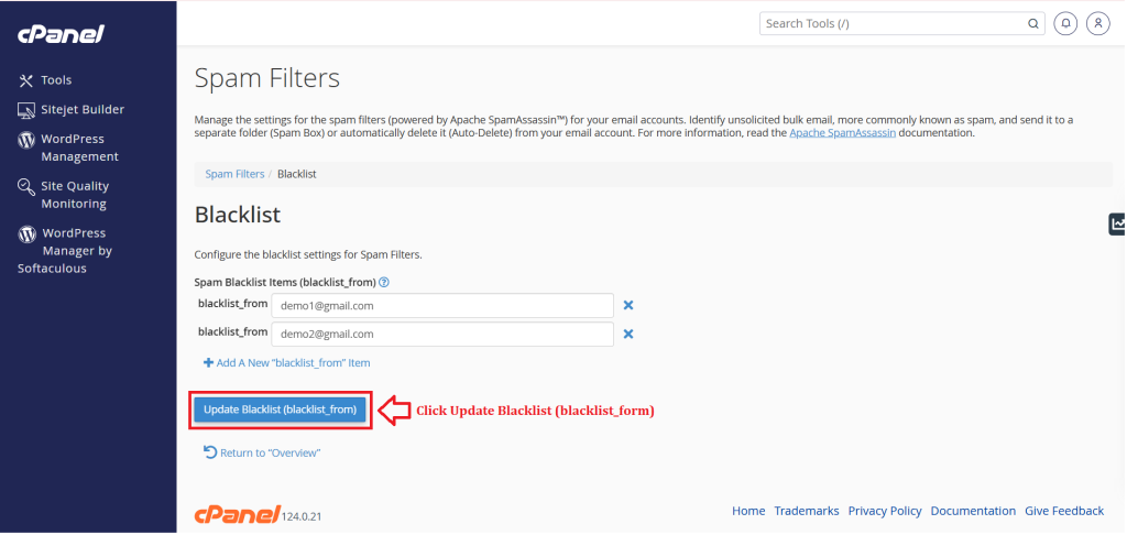 6. Click Update Blacklist (blacklist_form)