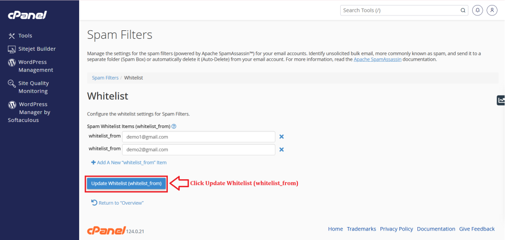 6. Click Update Whitelist (Whitelist_from)