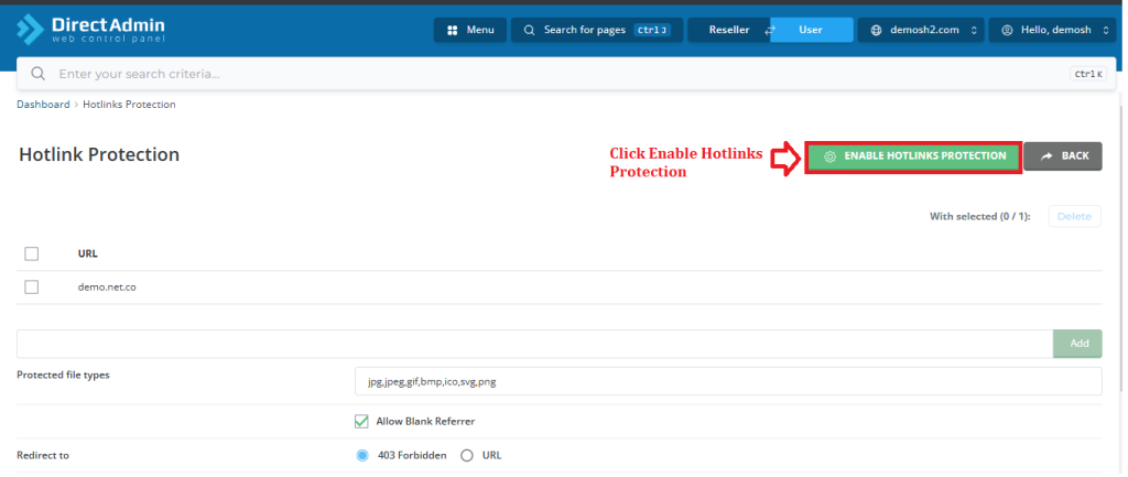 Click on Enable Hotlinks Protection