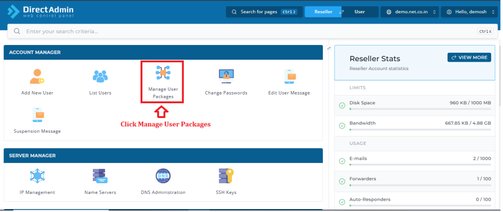 Click Manage User Packages