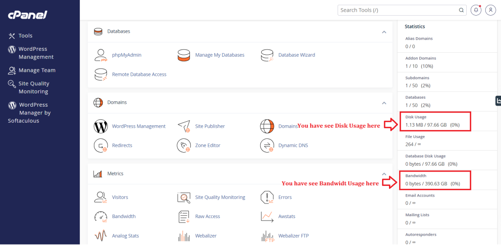 You have see disk and Bandwidth usage here