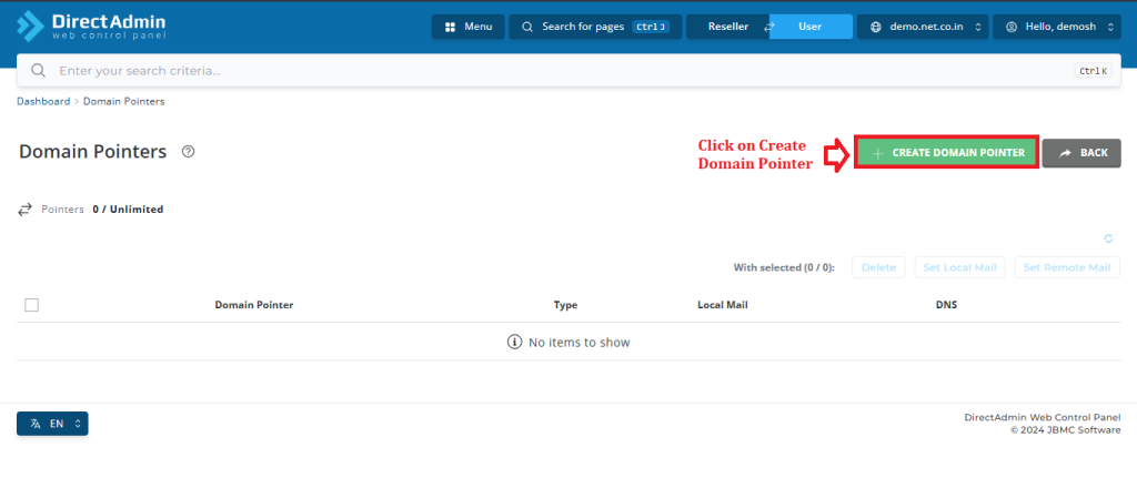 Click on Create Domain Pointer
