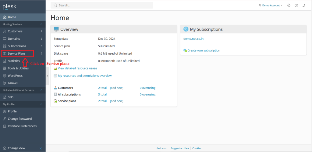 1.Click on Service Plans