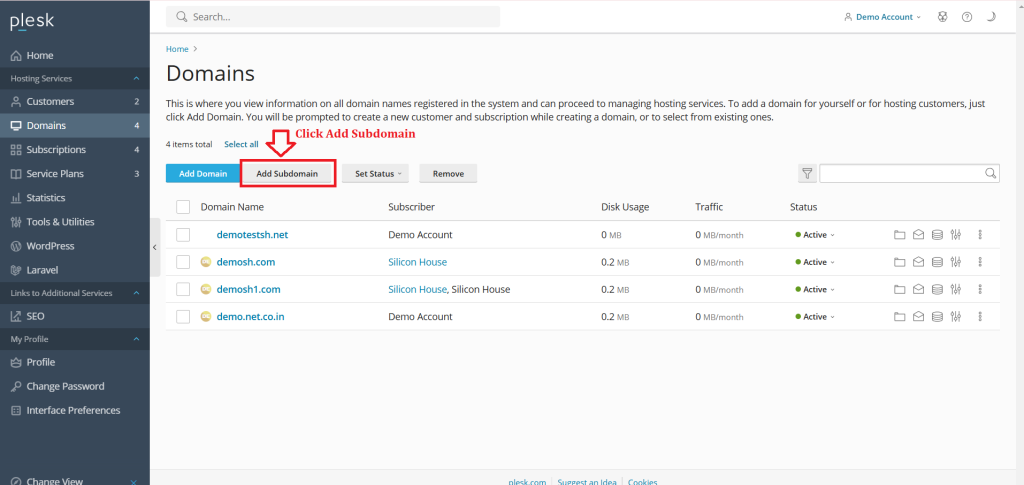 2. Click Add Subdomain