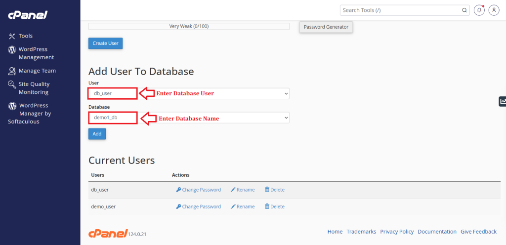 2. Enter Database User and Database Name