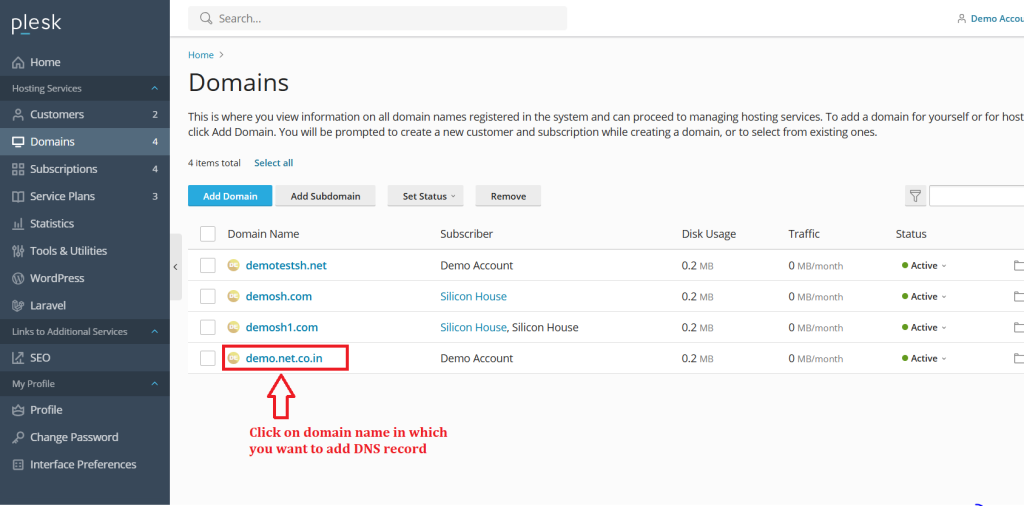 2.Click on domain name in which you want to add DNS record