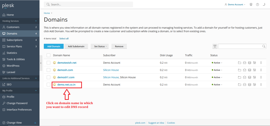 2.Click on domain name in which you want to edit DNS record