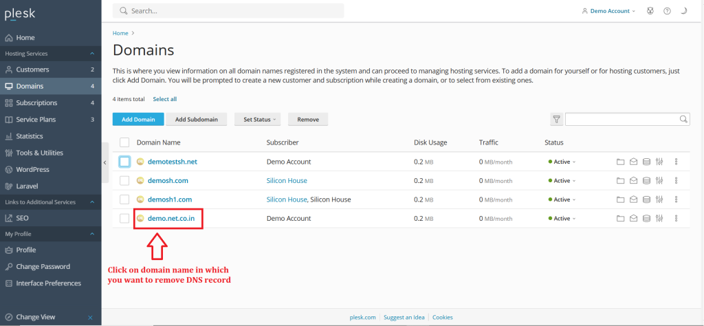 2.Click on domain name in which you want to remove DNS record