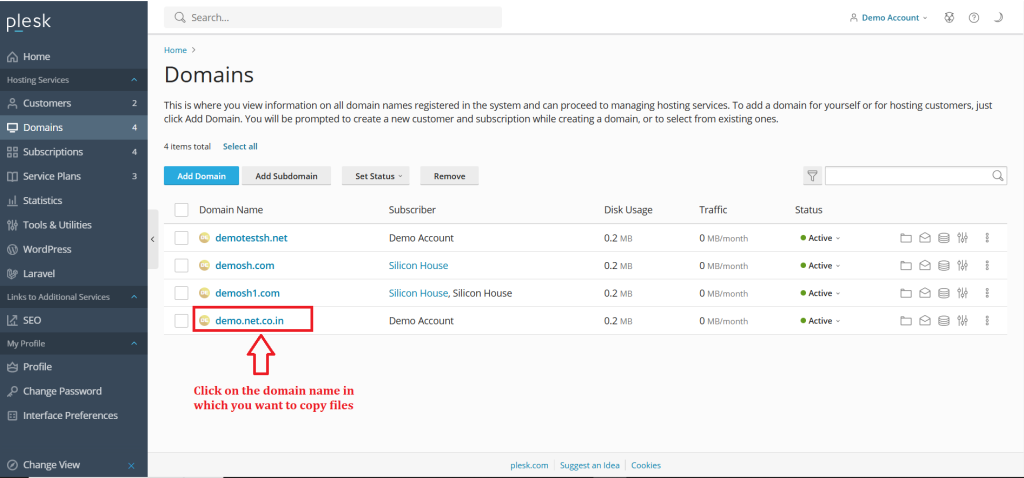 2.Click on the domain name in which you want to copy files