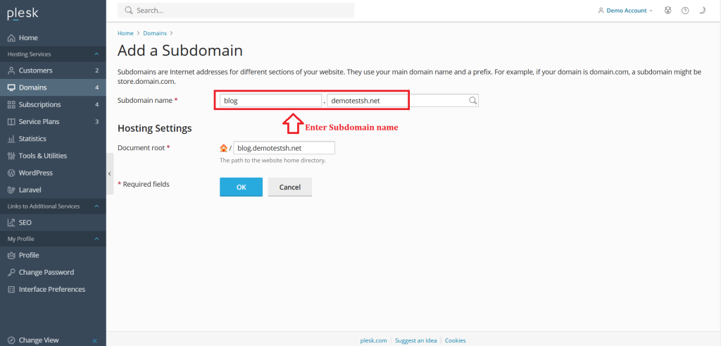 3. Enter Subdomain name