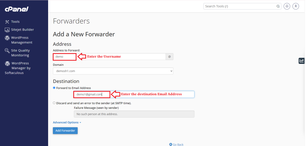 3. Enter Username and Email destination Email Address