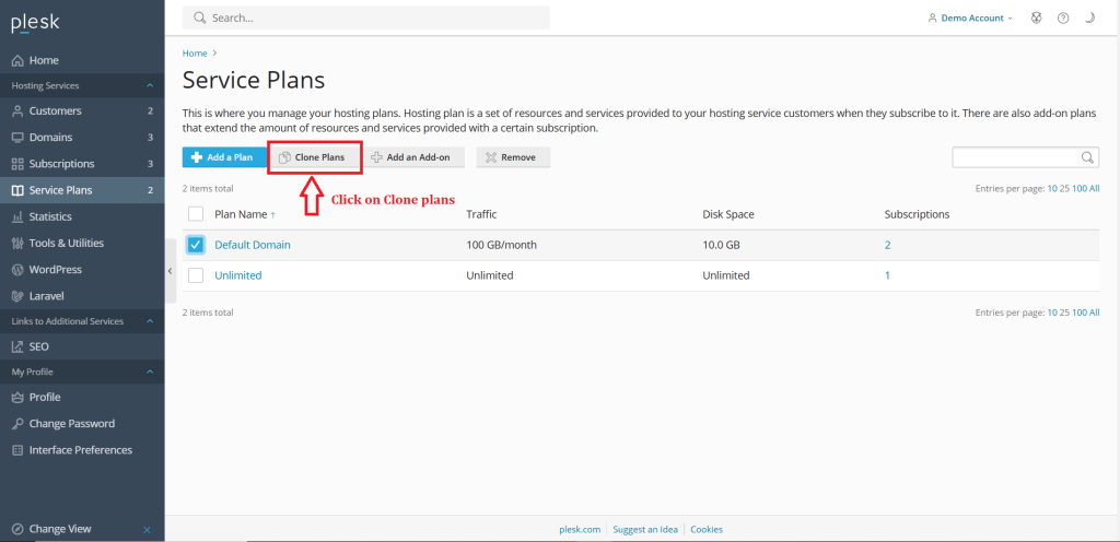 3.Click on Clone plans