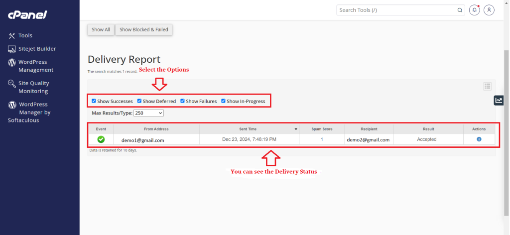 4. Select the Option and You can see the delivery Status