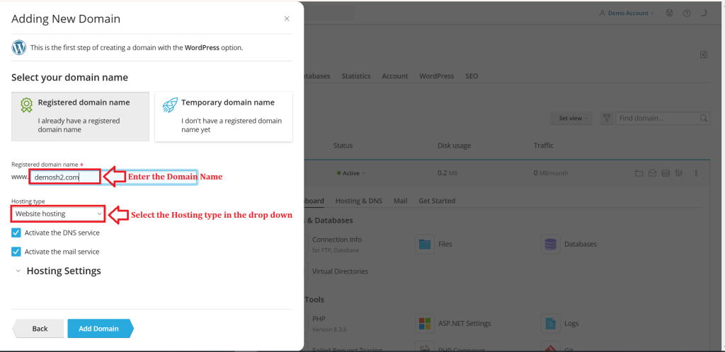 5. Enter Domain name and Select the Hosting type