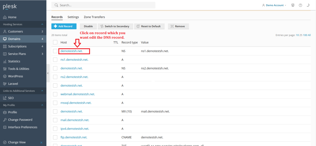 5.Click on record in which you want to edit DNS record