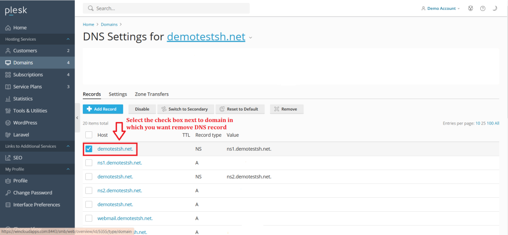 5.Select the check box next to domain in which you want remove DNS record