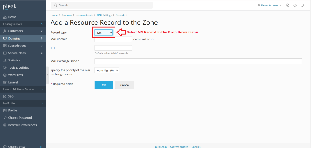 6. Select MX Record in the Drop Down menu
