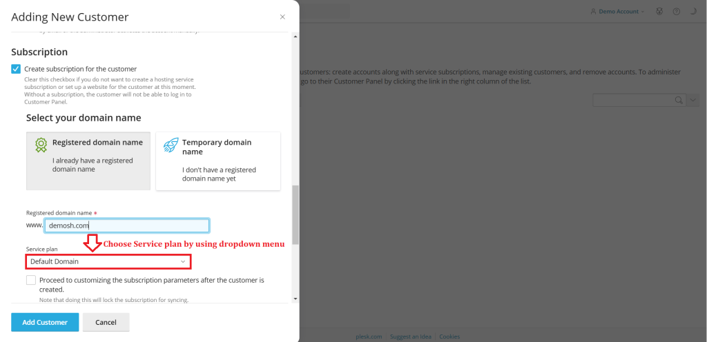 7. Choose Service plan by using dropdown menu