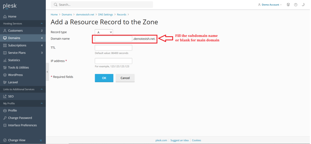 7.Fill the subdomain name or blank for main domain